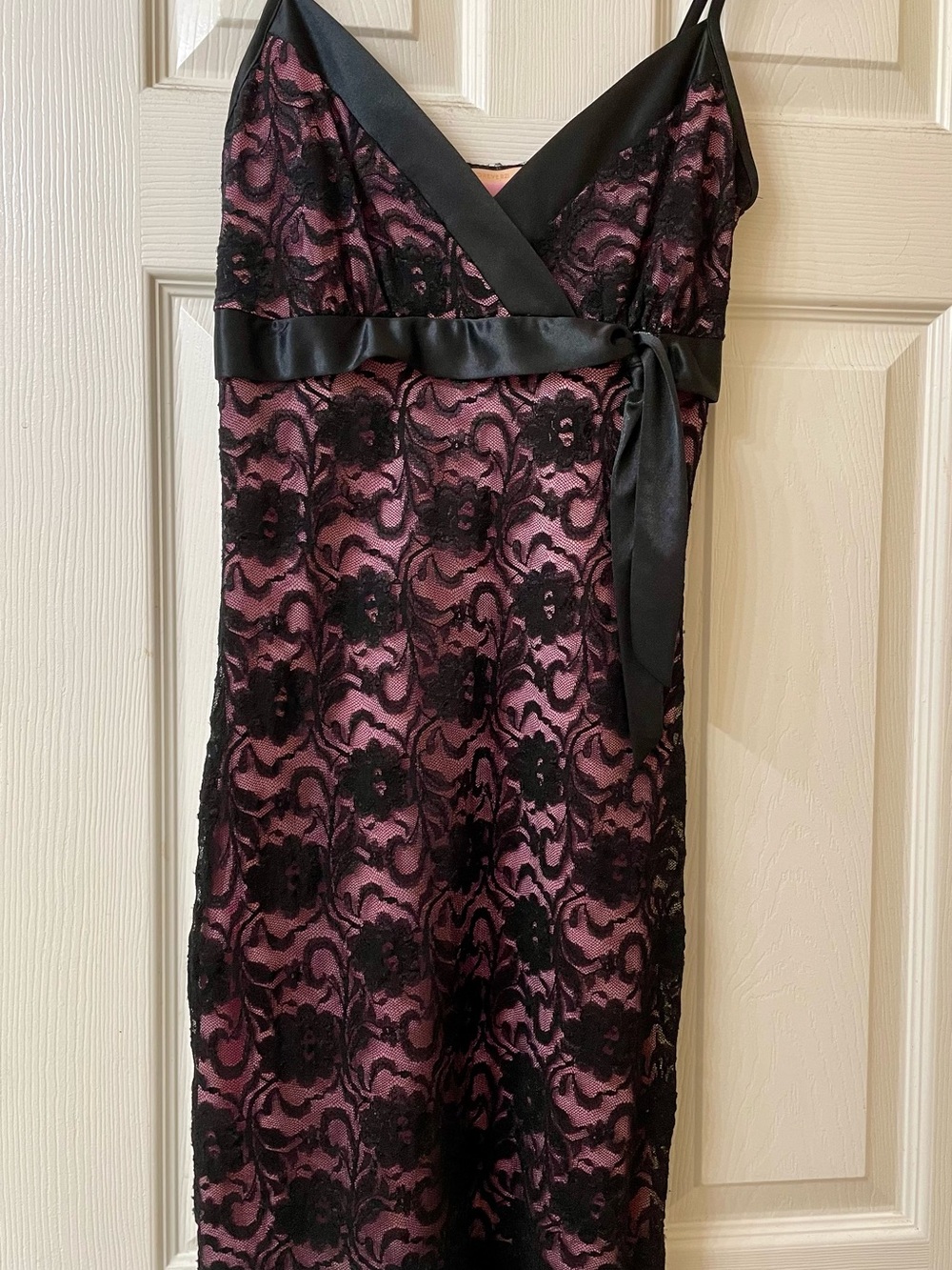Black Lace Overlay Pink Slip Dress with Satin Waist Tie